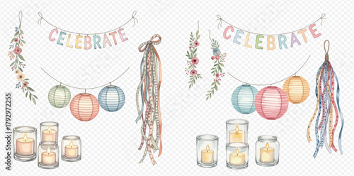 Watercolor illustration set for celebration with pastel banner, floral garlands, paper lanterns, candles, and ribbon tassels.