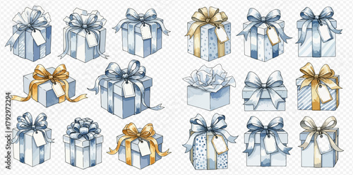 Watercolor illustration set of various gift boxes with bows and tags in blue, silver, and gold colors.