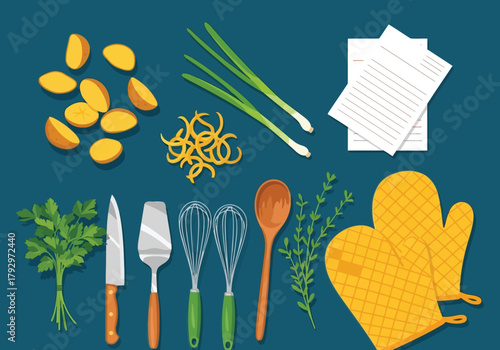 A collection of fresh ingredients and cooking utensils arranged on a teal background, perfect for culinary inspiration and recipe creation