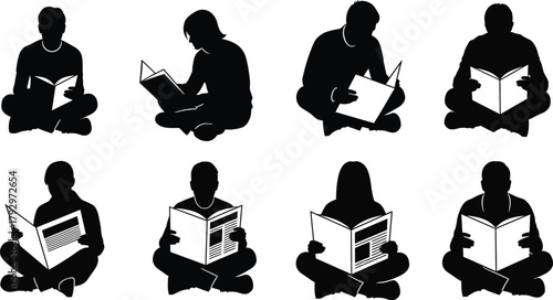 Silhouettes of people sitting and reading books