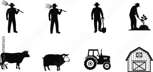 Silhouettes of farm animals and a farmer
