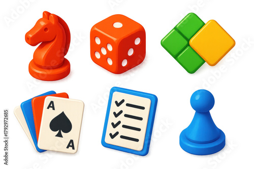Strategy Game Icons. 3D icon set of strategy games: chess knight, dice, board tiles, playing cards, score sheet, token piece. A