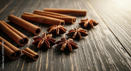 Fototapeta Naklejka Na Ścianę i Meble -  Cinnamon Sticks and Star Anise Still Life - Aromatic cinnamon sticks and star anise spices arranged on a rustic wooden surface. Symbolizing warmth, spice, comfort, tradition, and flavor