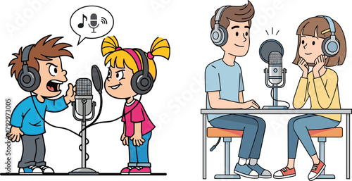 Cartoon kids and adults recording podcast and singing into microphone, creative communication, studio recording, voice acting, and music production illustration