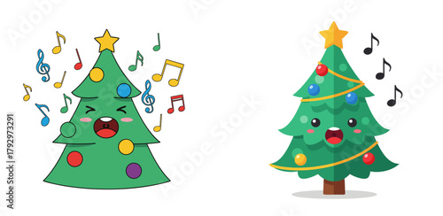 Kawaii singing Christmas Tree, white background, isolated, vector, set