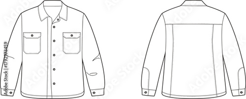 Button-up shirt technical sketch, front and back view, flap chest pockets, elbow patch detail, classic collar, fashion flat, garment construction, vector illustration