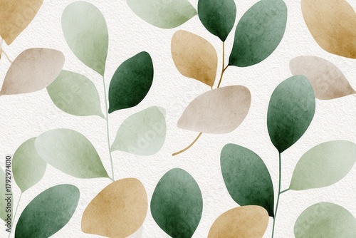 A seamless pattern featuring various leaves in soft green and beige hues, ideal for backgrounds or textile designs.