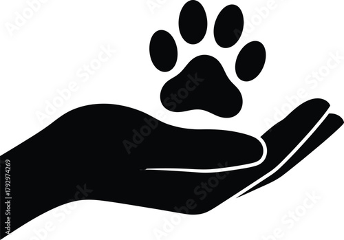 Human hand gently cradling a pet paw print symbol.
