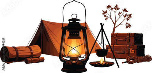 Silhouettes of camping equipment with tent and lantern
