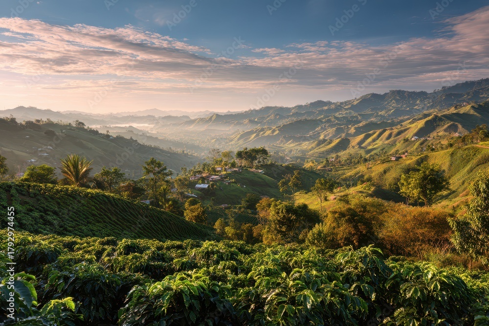 Fototapeta premium Close-up view of thriving coffee plants with rolling hills and farm structures in the distance