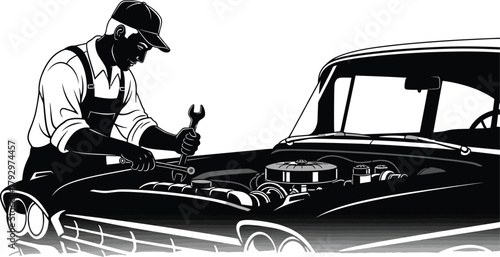 Silhouette of a mechanic working on a vintage car