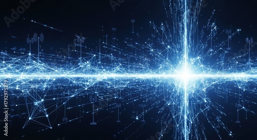 Connected Network Abstract Illustration - Futuristic network connection with glowing lines and wireless communication towers, representing technology and connectivity
