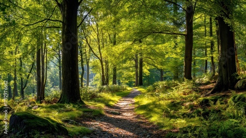 Forest path through lush green trees