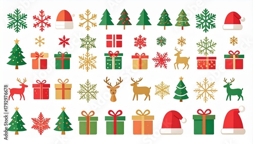 Festive Christmas Icons A Colorful Collection of Holiday Decorations and Symbols
