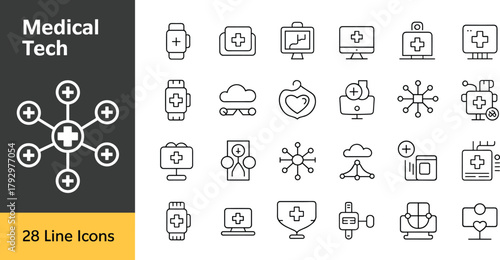 Medical tech line icons set, editable stroke, healthcare devices, wearable monitoring, telemedicine interface, cloud diagnostics, smart hospital network, patient data, health protection