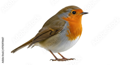 Isolated Bird with orange throat stands on a white surface, Robin side view, in studio