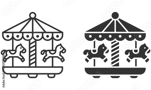 Set of carousel icons with horses in black and white vector illustration perfect for amusement park funfair and childrens themes
