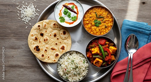 Traditional indian thali meal with rice and bread