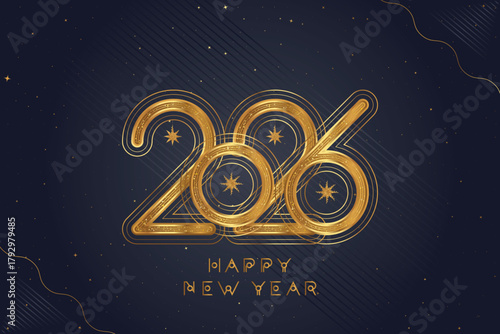 Elegant Happy New Year 2026 greeting card with shiny golden numbers on dark background. Luxury festive design with stars and light effects for Christmas and winter holiday.