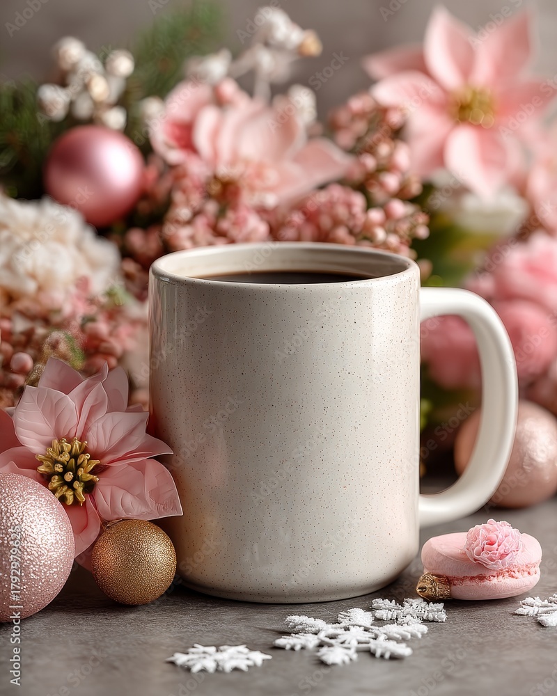 Fototapeta premium A cozy winter or Christmas mockup featuring a plain white mug surrounded by pink poinsettia flowers, snow, and sparkling ornaments. Ideal for product presentation and seasonal themes.