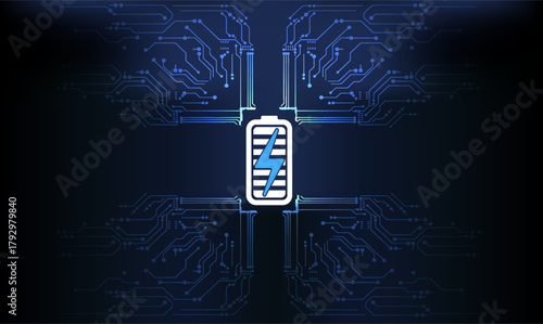 Circuit design featuring a battery icon in a dark blue background with electric patterns highlighting technology and connectivity.