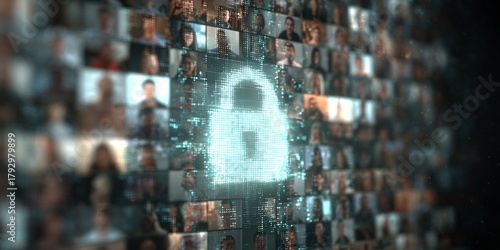 Security and privacy in the digital age with faces representing online identities