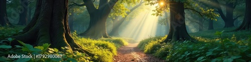 Enchanted forest path, dappled sunlight filtering through ancient trees, mystical atmosphere, glowing flora, magical vibes ,  arcane,  wildlife,  magical realism