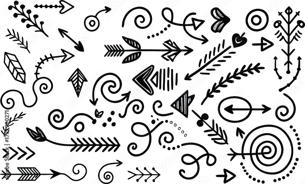 Obraz premium Arrow Line Vector Collection — Hand Drawn Doodle Arrows, Marker Brush Sketch Icons, Cute Elements for Creative Decoration