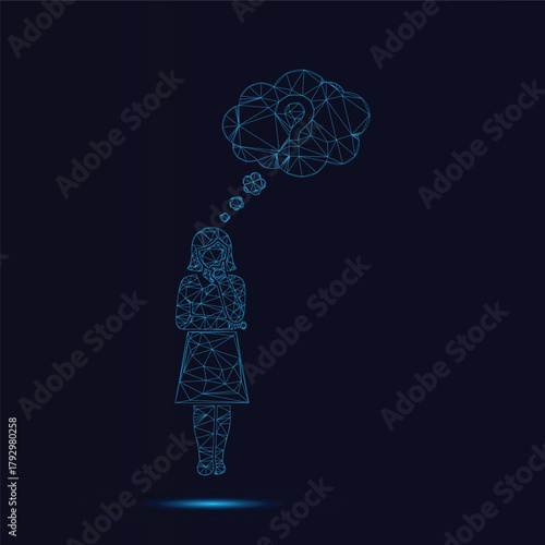 Abstract Low Poly Polygonal Wireframe Vector Illustration of a Business Woman Deeply Concentrating and Thinking About a Solution with a Question Mark Inside a Geometric Thought Bubble