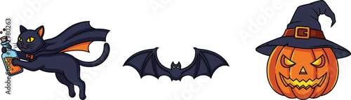 Cute Halloween black cat with potion bottle, flying bat and pumpkin with witch hat vector illustration for spooky festive decoration design