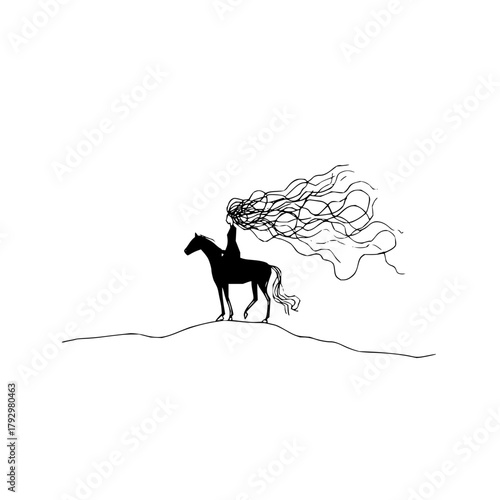 Hand drawn illustration of a woman riding a horse