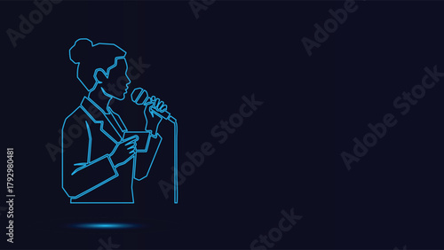 Digital Neon Outline Vector Graphic of a Professional Female Presenter Speaking into a Wired Microphone while Holding Cue Cards on a Futuristic Dark Blue Stage Background