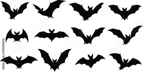 Set of flying bats silhouettes with green eyes, spooky Halloween night creatures, isolated black bat shapes vector illustration for decoration and design