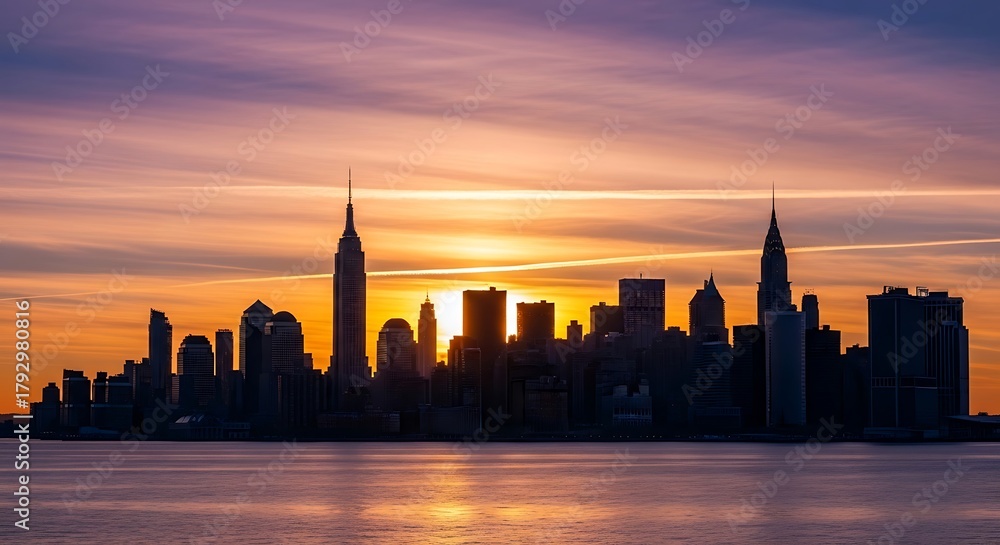 Obraz premium New York City skyline at sunset with vibrant colors.