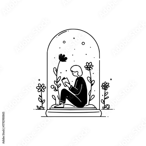 Girl reading book in glass dome