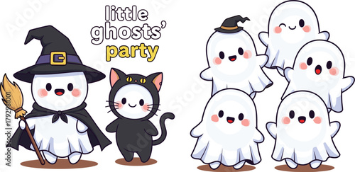 Cute little ghosts and black cat in Halloween costume, adorable cartoon characters, witch hat and broom, fun spooky party vector illustration