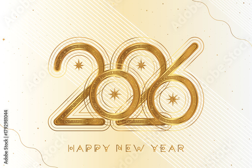 Elegant Happy New Year 2026 greeting card with shiny golden numbers on white background. Luxury festive design with stars and light effects for Christmas and winter holiday.