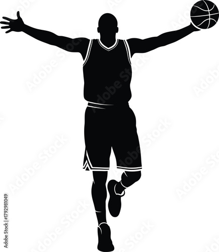 Silhouette of a basketball player in mid air with arms outstretched holding a ball