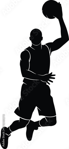 Silhouette of a basketball player in mid air during a dunk