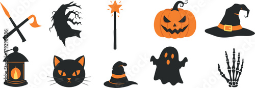 Halloween spooky icons collection with pumpkin, witch hat, ghost, skeleton hand, cat, lantern and magic wand, flat vector illustration design