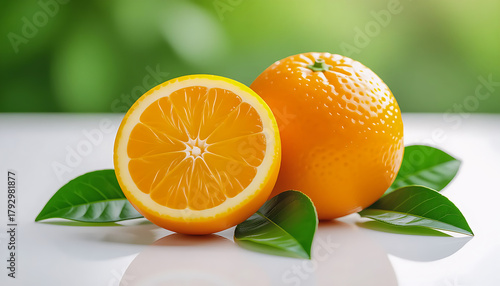Fresh Orange and Slices with Green Leaves.
Whole Orange and Half-Cut Citrus Fruit