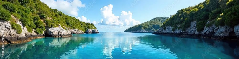 Obraz premium Serene coastal lagoon, tranquil blue water reflecting the sky, surrounded by lush green vegetation and dramatic cliffs A hidden oasis of calm , view, rocks, sky