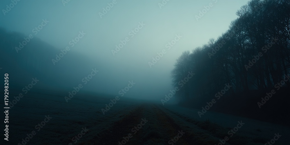 Fototapeta premium Mist settles over a quiet landscape as dawn breaks in a secluded forest area