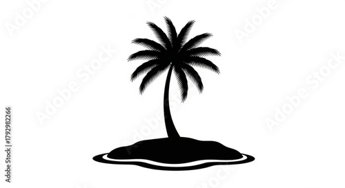 Silhouette of a palm tree on a small island surrounded by water in a simple black and white design