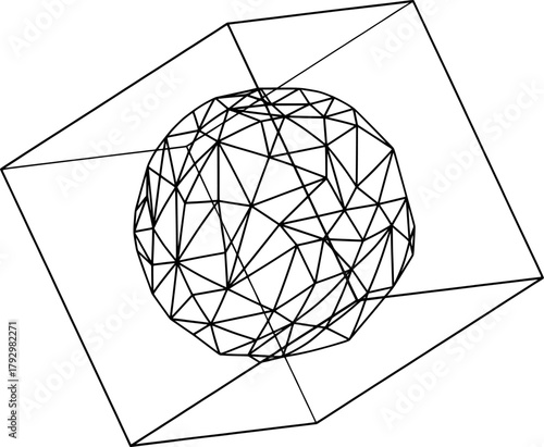 Abstract geometric sphere wireframe enclosed in a cube. Vector concept of 3D structure, digital modeling, and innovation.
