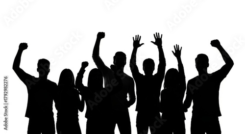 Silhouette of a group of people raising their arms in celebration against a white background showing unity
