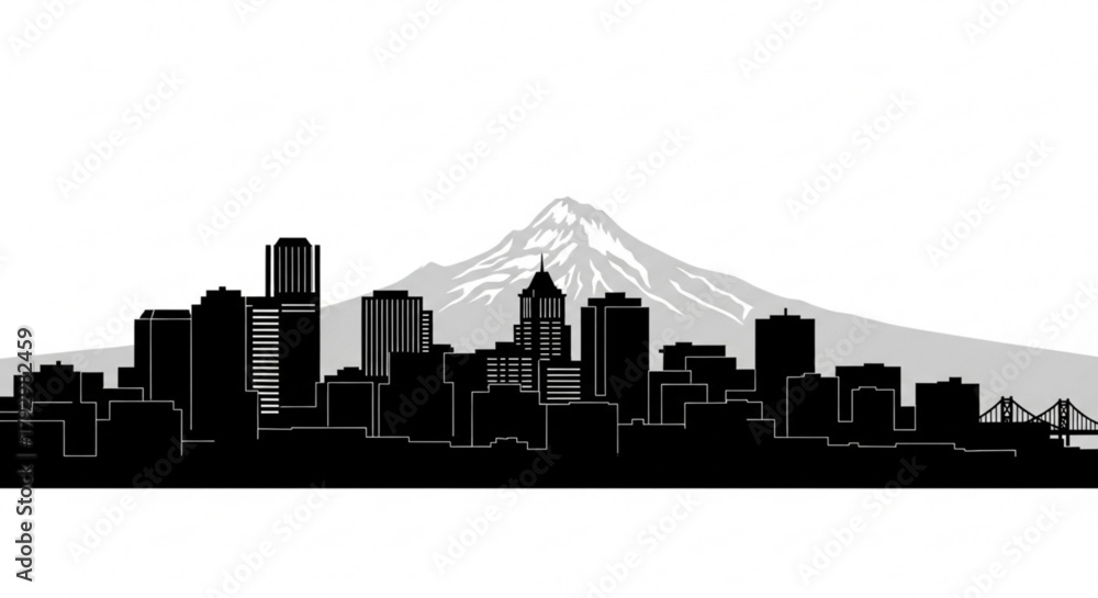 Fototapeta premium Silhouette of a cityscape with a mountain in the background on a white and gray backdrop view