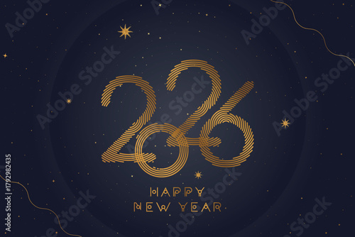 Elegant Happy New Year 2026 greeting card with shiny golden numbers on dark background. Luxury festive design with stars and light effects for Christmas and winter holiday.