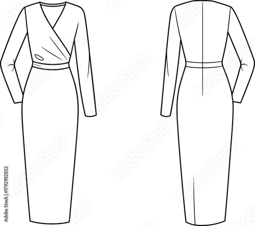 Elegant long sleeve wrap dress fashion flat sketch, women’s fitted midi dress technical drawing, apparel design template for sewing and illustration
