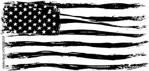 Distressed brushstroke USA flag vector. Artistic patriotic illustration in black and white design.